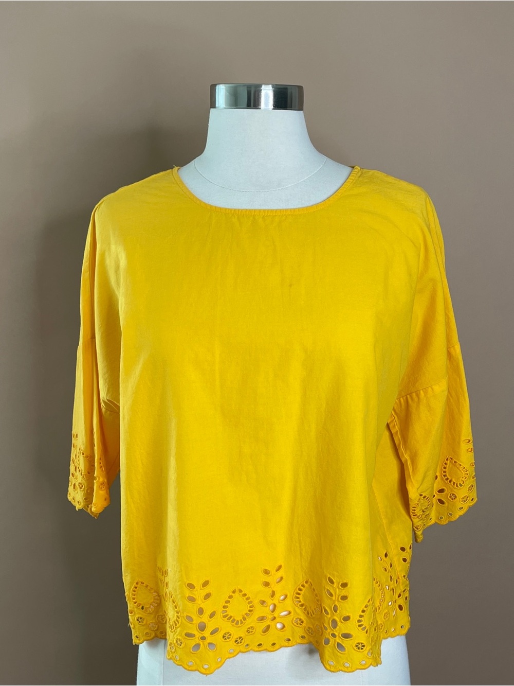 MONKI Yellow Eyelet Blouse Embroidered Hem Boho Top S